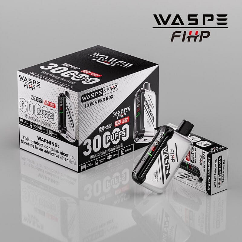 Embalaje del dispositivo de vapeo WASPE FiHP con sabor "30 Puffs" Strawberry Red Bull, que muestra detalles clave como el contenido de nicotina, la capacidad de calada y la advertencia sanitaria sobre la adicción a la nicotina.