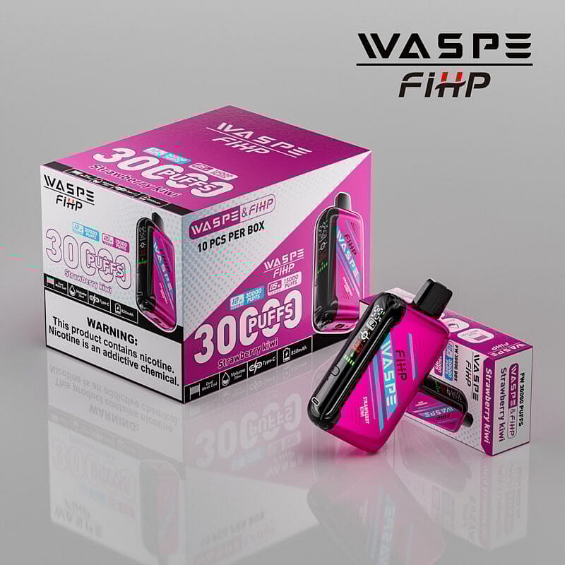 Caja y dispositivo de vapeo de WASPE FiHP sabor Fresa Kiwi, 30 caladas, con los detalles del producto y la etiqueta de advertencia de nicotina a la vista.