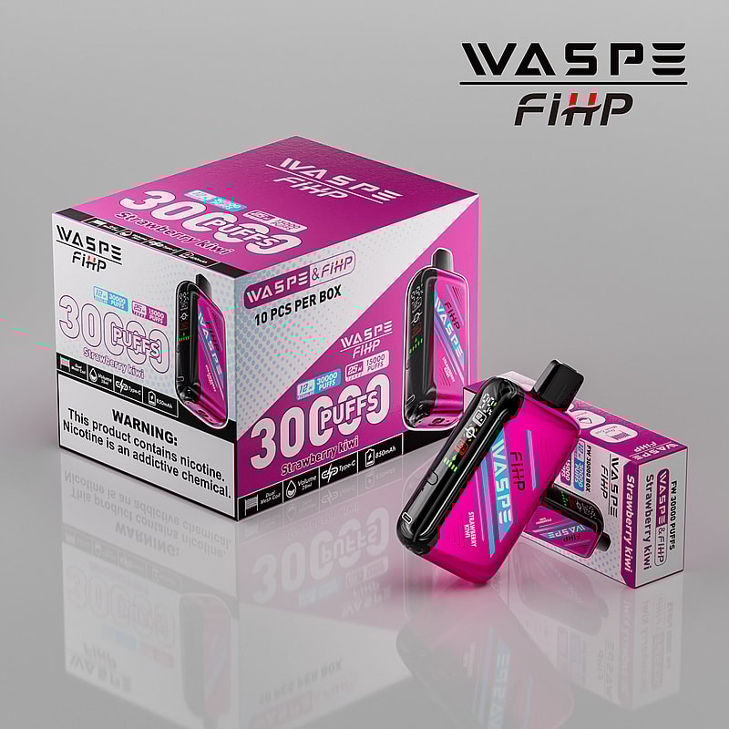 Box and vape device of WASPE FiHP Strawberry Kiwi flavor, 30 puffs, with product details and nicotine warning label displayed.