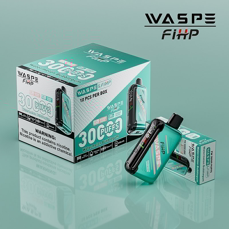 A teal and black vape device labeled "WASPE FiHP" alongside packaging displaying "30 puffs" and "Watermelon Bubblegum" flavor, with a nicotine warning at the bottom.