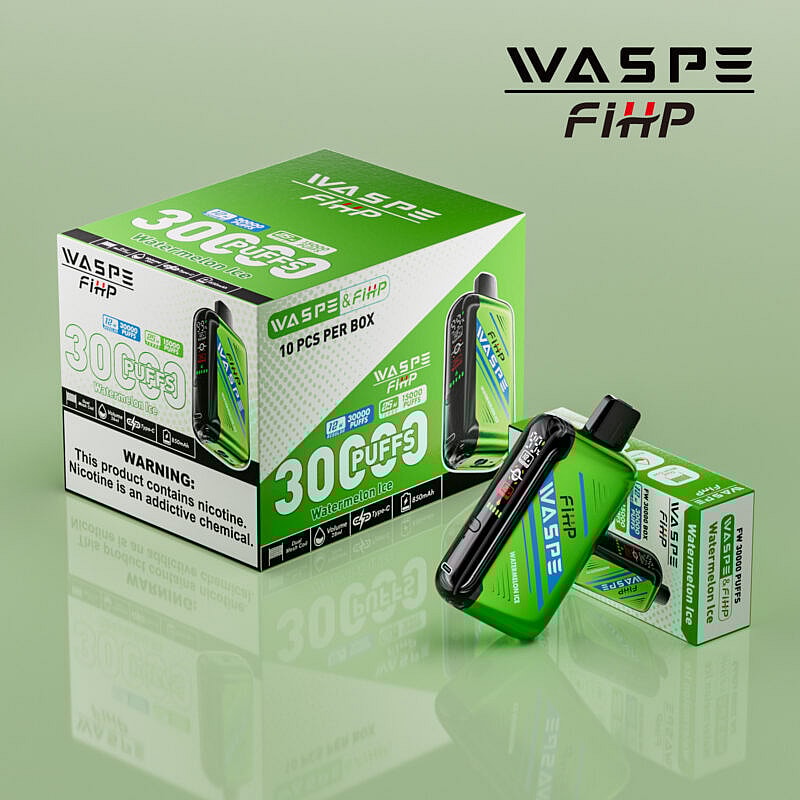 Vapeador desechable WASPE FiHP Watermelon Ice de 10 unidades, con diseño verde, batería de 3000mAh, 12ml de e-liquid y 30 caladas por unidad.