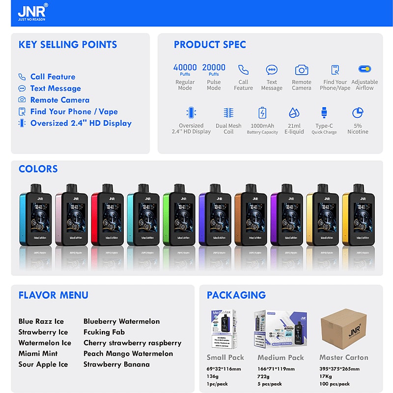 JNR vape-enhets produktdetaljer, med 40 000 och 20 000 pufflägen, samtals- och textfunktioner, fjärrkamera, telefonsökare, justerbart luftflöde, 2,4" HD-skärm, dubbel mesh-spole, 1 000 mAh batteri, 2,1 ml e-vätskekapacitet, Type-C-laddning , 5% nikotin Visas i olika färger med smaker som Blue Razz Ice och Strawberry Ice.