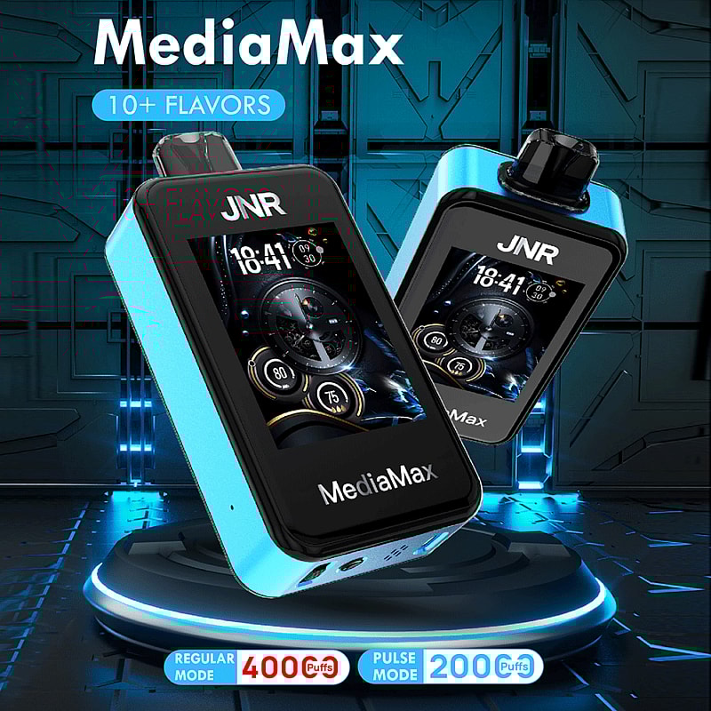 MediaMax JNR vape-enhetsdisplay som visar 10+ smaker, med vanligt läge som erbjuder 400 bloss och pulsläge erbjuder 200 bloss.