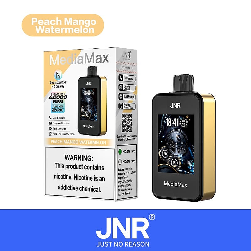 Peach Mango Vattenmelon smaksatt JNR MediaMax vape-enhet med överdimensionerad 2,4" HD-skärm, som visar batteri- och nikotinalternativ, som klarar 40 000 bloss.