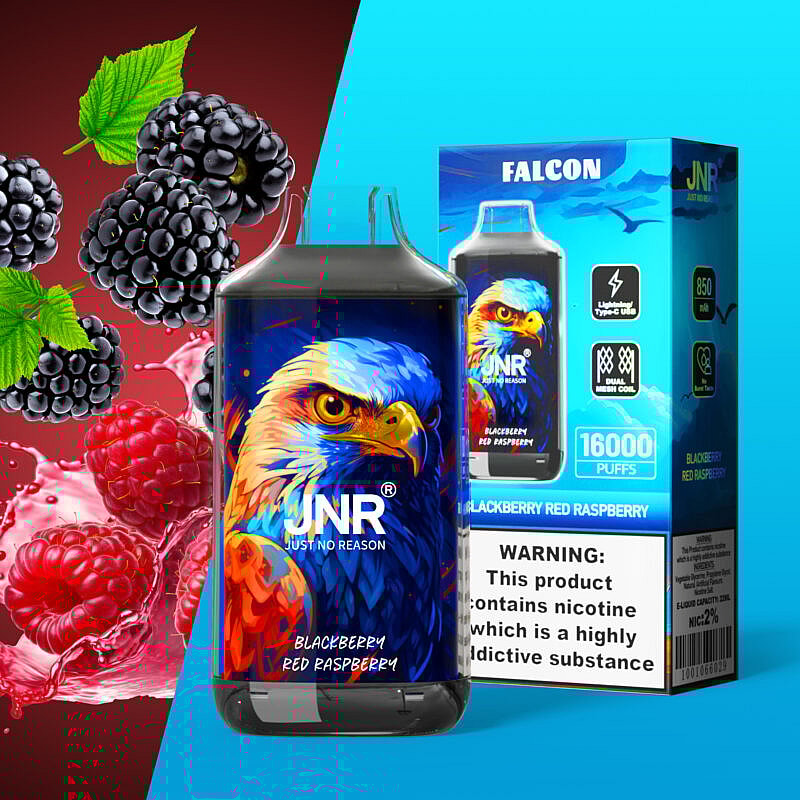 Una bottiglia di succo per svapare e la relativa confezione raffigurano un'aquila colorata, con l'etichetta "JNR Blackberry Red Raspberry".