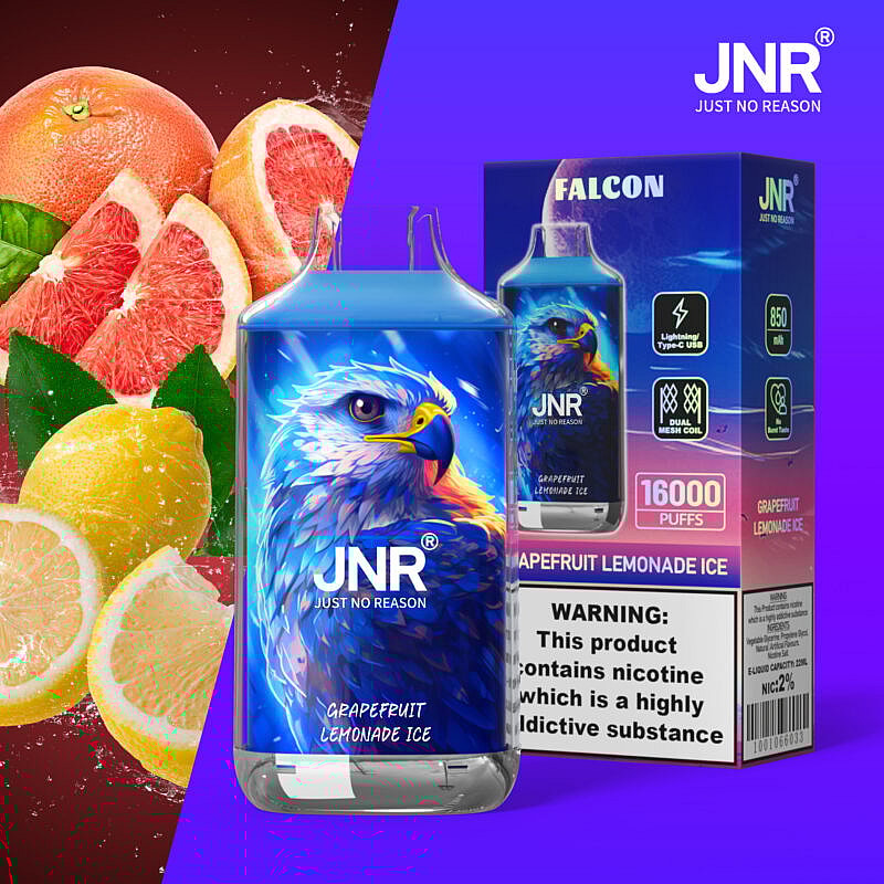 Confezione di dispositivo elettronico per svapo con un design a forma di falco, etichettata "JNR" e "Grapefruit Lemonade Ice", con pompelmi e limoni sullo sfondo. La scatola indica 16.000 tiri, doppia bobina a maglie e un avviso di nicotina.