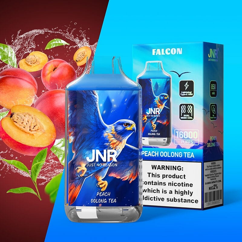 Dispositivo e confezione per sigaretta elettronica con l'illustrazione di un falco, con l'etichetta "Tè Oolong alla pesca JNR", circondato da pesche e foglie di tè.