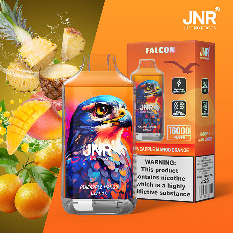 Confezione della sigaretta elettronica JNR con un'illustrazione colorata di un falco, con aromi di ananas, mango e arancia.