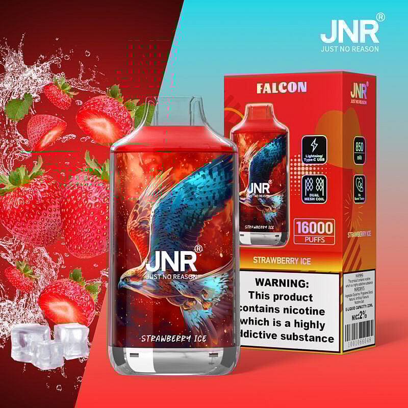 Confezione della sigaretta elettronica JNR caratterizzata dal gusto di ghiaccio alla fragola e da vivaci immagini di fragole, cubetti di ghiaccio e un'aquila.