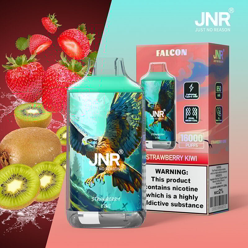 Confezione di e-liquid al gusto di fragola e kiwi, con l'illustrazione di un falco e immagini di frutta fresca.