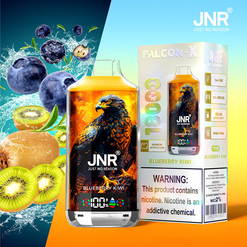 JNR FALCON-X-Dampfgerät mit Blaubeer-Kiwi-Geschmack, mit einer Adlerillustration auf der Flasche, neben einer Schachtel mit Spezifikationen wie 1800 Zügen, 950-mAh-Akku und Nikotinwarnung