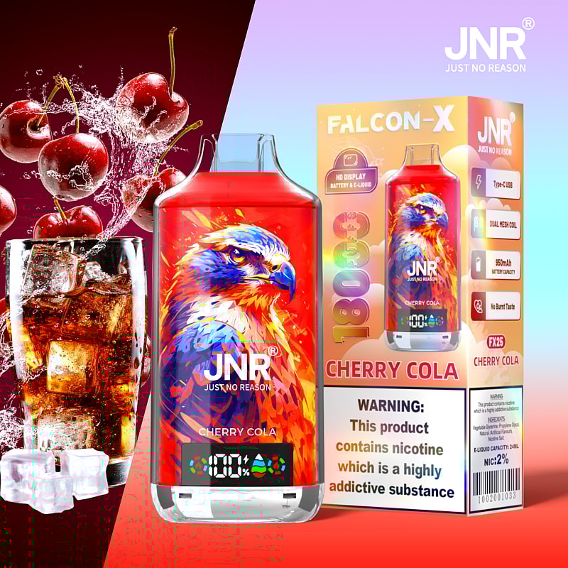 Alternativtext: Verpackung eines E-Zigarettenprodukts mit Kirsch-Cola-Motiv und Adler-Illustration, mit Kirschen und einem Cola-Getränk.