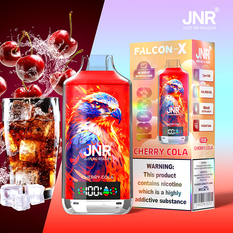 Alt text: Vape-produktförpackning med körsbärscolatema med örnillustration, med körsbär och en coladrink.