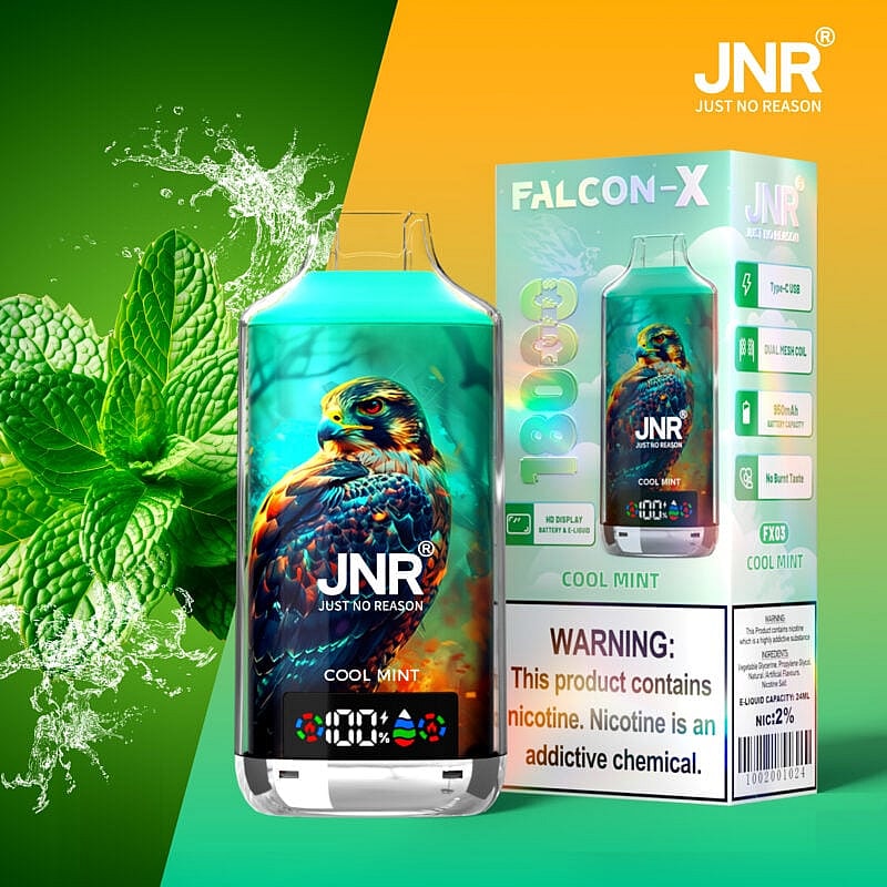 JNR Falcon-X Cool Mint Vape-Verpackung mit Falkendesign, Minzblättern und Nikotinwarnung.