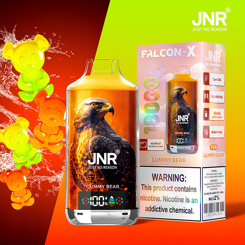 JNR Falcon-X vape-enhet med en gummiaktig björnsmak, med en örngrafik, 1800 puffar och varning för nikotininnehåll.