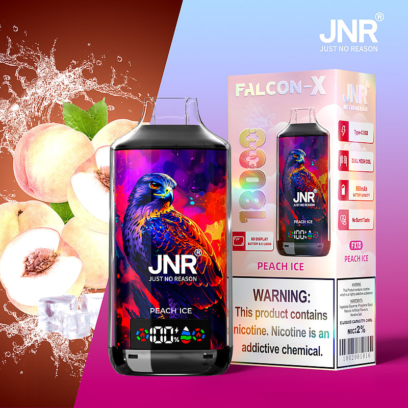 Falcon-X Peach Ice vape-enhet med levande falkillustration, 1800 puffar, 950mAh batteri och nikotinvarning