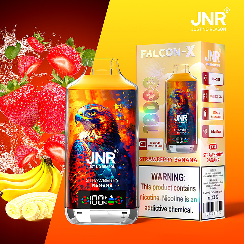 JNR Falcon-X vapeapparat med förpackning med jordgubbsbanansmak, med en färgglad hökillustration, 1800 puffs-etikett och varningar om nikotininnehåll.