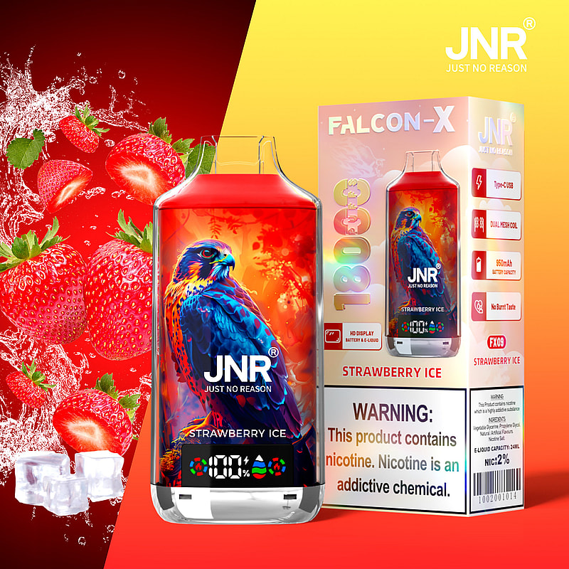 JNR Falcon-X Strawberry Ice vape-enhet med en levande hökillustration som visar 18 000 puffar, 950 mAh batteri, dubbel mesh-spole och nikotinvarning.
