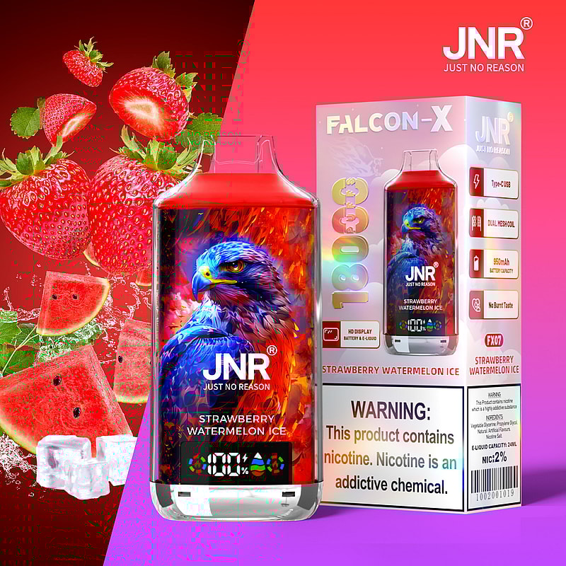 JNR Falcon-X vape-enhet i smak av jordgubbsvattenmelon, med levande örnkonstverk, batteridisplay, 1800 puffar och nikotinvarning
