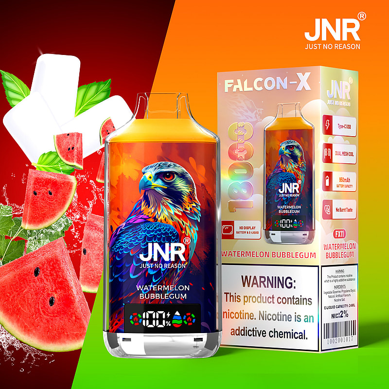 JNR Falcon-X vape-enhet med en levande hökillustration, märkt "Watermelon Bubblegum"-smak, 1800 puffar och nikotinvarning
