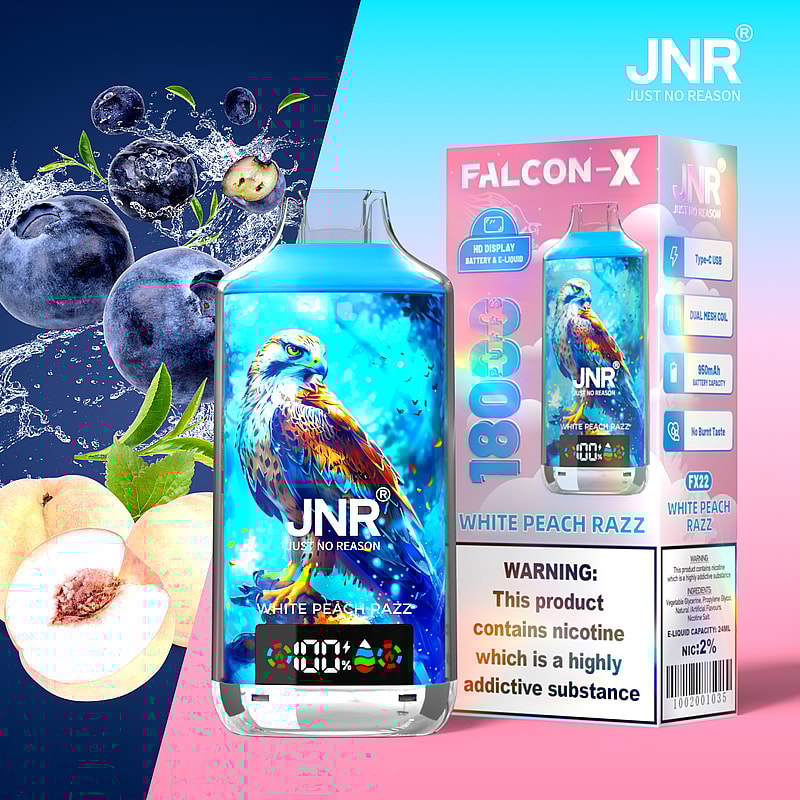JNR Falcon-X vape-enhet med en hökillustration, märkt "White Peach Razz", med blåbär och persikagrafik. Varningsetikett om nikotinberoende syns på förpackningen.