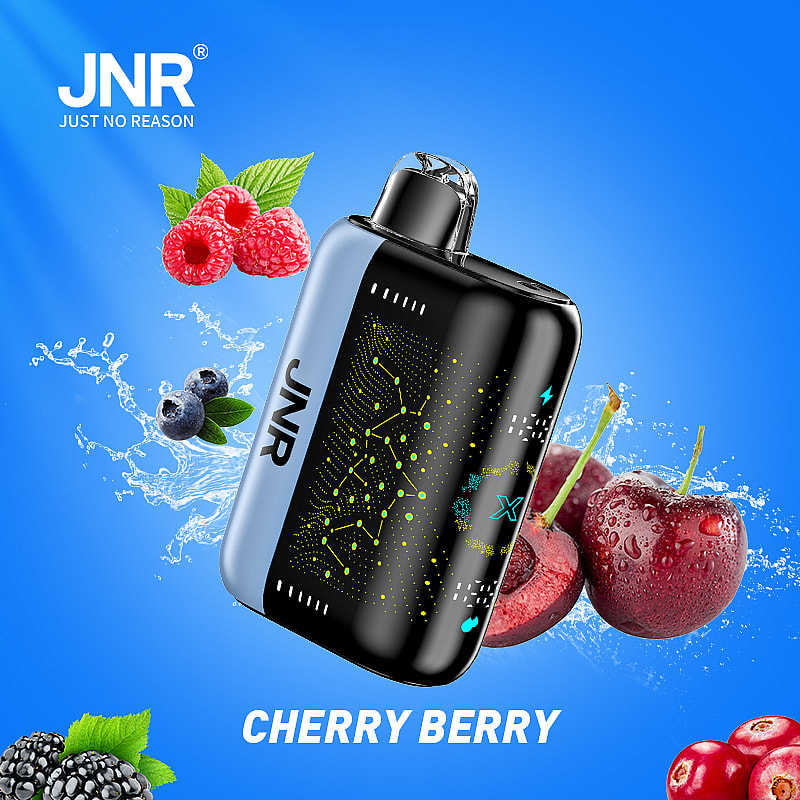Appareil de cigarette électronique au goût de cerise et de baies, comprenant des cerises, des framboises, des myrtilles et des mûres sur fond bleu.