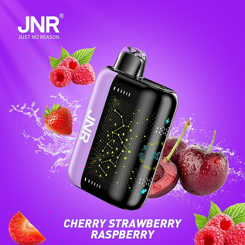 Un appareil à vapotage violet étiqueté « JNR » avec des images de cerise, de fraise et de framboise sur un fond violet.