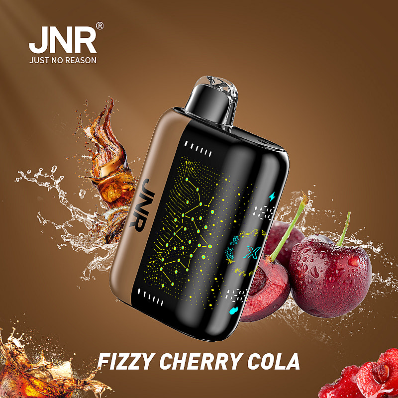 Appareil à vapotage avec des cerises et des éclaboussures de cola sur un fond marron, étiqueté « JNR Fizzy Cherry Cola ».