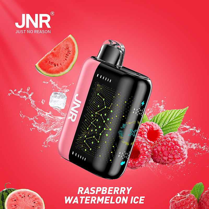 Appareil à vapotage JNR au goût de glace à la framboise et à la pastèque avec des visuels de fruits et de glace sur fond rouge.