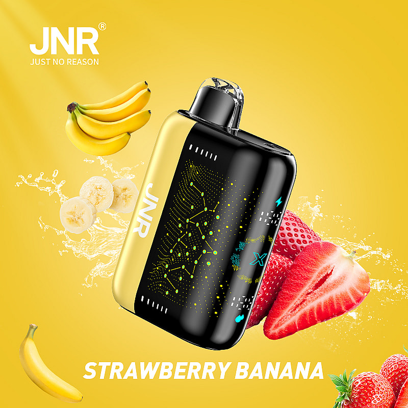 Un appareil de vapotage élégant étiqueté « JNR » à côté de fraises et de bananes sur un fond jaune.