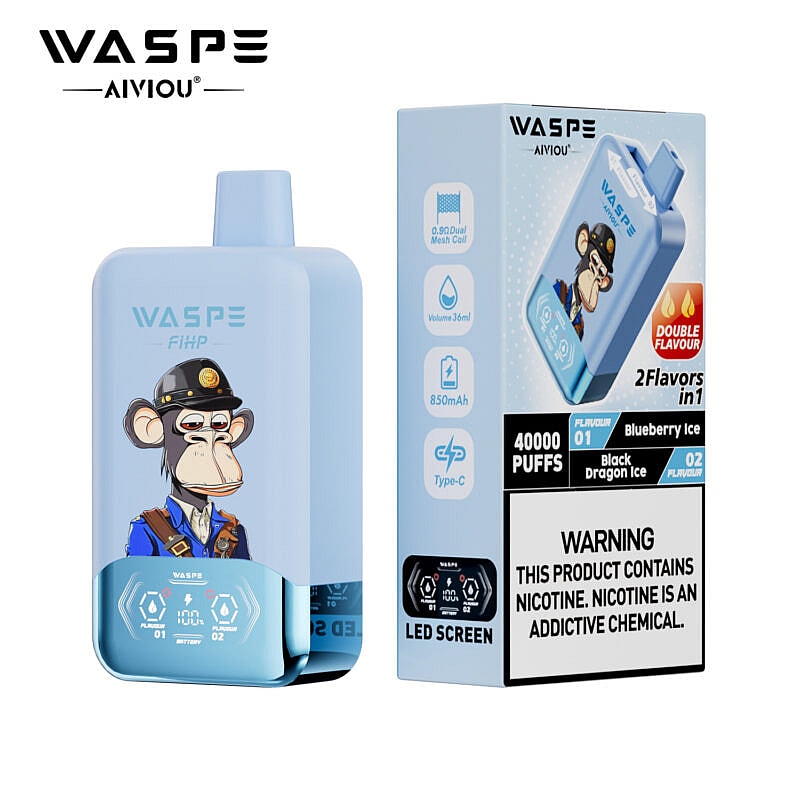 Ein blaues Dampfgerät mit einem Comic-Affen in einer Polizeimütze auf der Vorderseite und Angaben wie „850 mAh“, „36 ml Volumen“ und „40.000 Züge“. Die Verpackung daneben enthält Informationen zu Aromen, einen Warnhinweis zu Nikotin und eine LED-Anzeige.