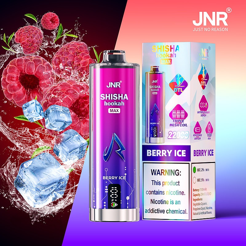 Berry ice vaping device packaging with raspberries and ice cubes, featuring product and nicotine warning labels.