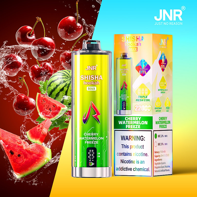 Image of a JNR Shisha Hookah Max device and packaging featuring Cherry Watermelon Freeze flavor with images of cherries and watermelon.