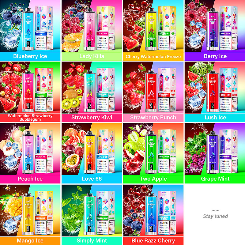 Image displaying various flavored vape products, each with colorful fruit imagery and corresponding names like Blueberry Ice, Strawberry Kiwi, Grape Mint, and others.