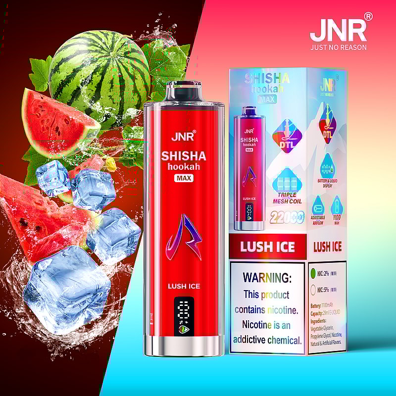 Red JNR Shisha Hookah Max Lush Ice vape with watermelon and ice graphics, and a packaging box displaying product features.