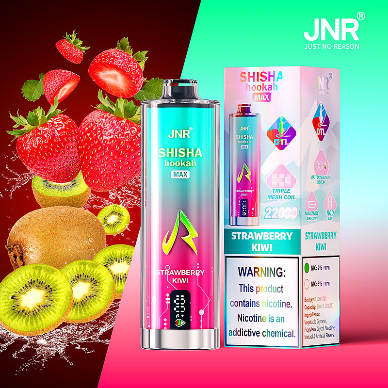 Brightly colored JNR Shisha Hookah Max vape pen and packaging with strawberry and kiwi flavor imagery.