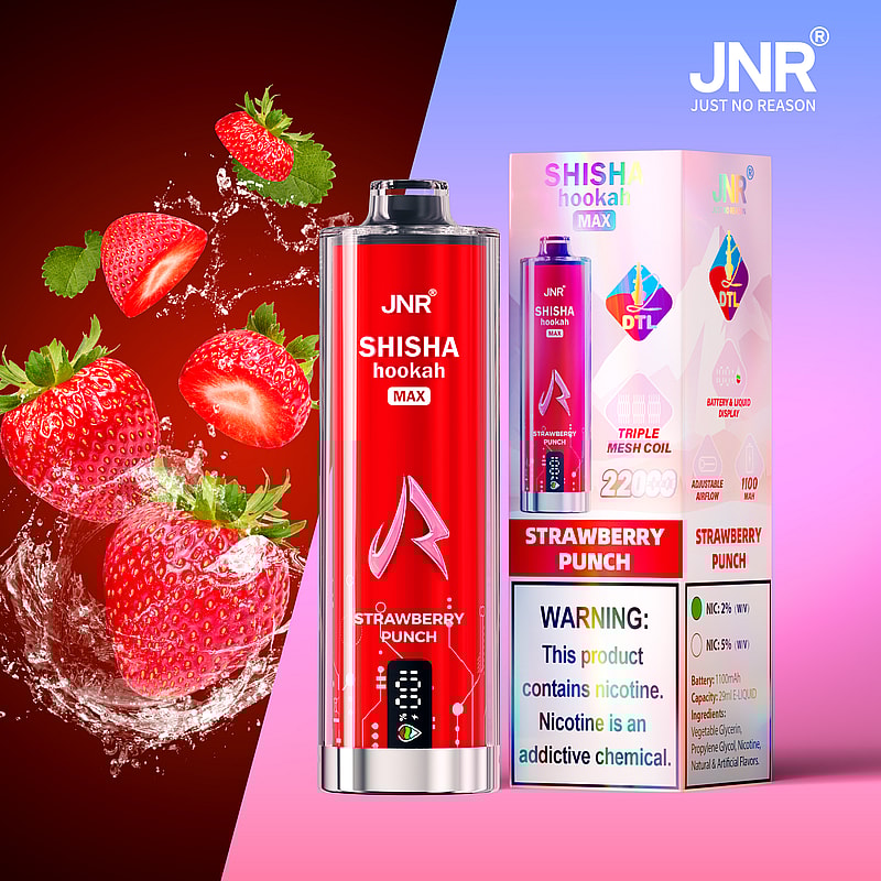 Image of a JNR Shisha Hookah Max in Strawberry Punch flavor with product packaging and fresh strawberries.