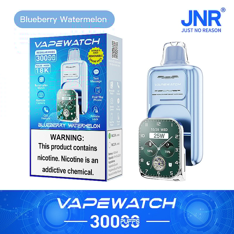 VAPEWATCH vape-enhet med 3000 puffar, blåbärsvattenmelon, med en avtagbar klocka med olika funktioner som visas på förpackningen.