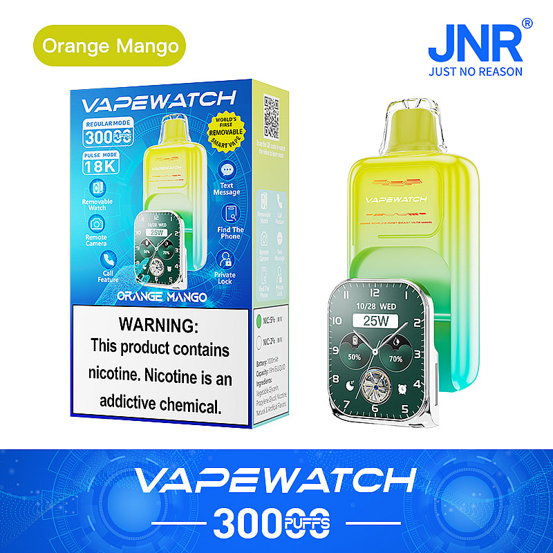 Vapewatch med avtagbar smartklocka, apelsin mangosmak, 3000 puffar, nikotinvarning