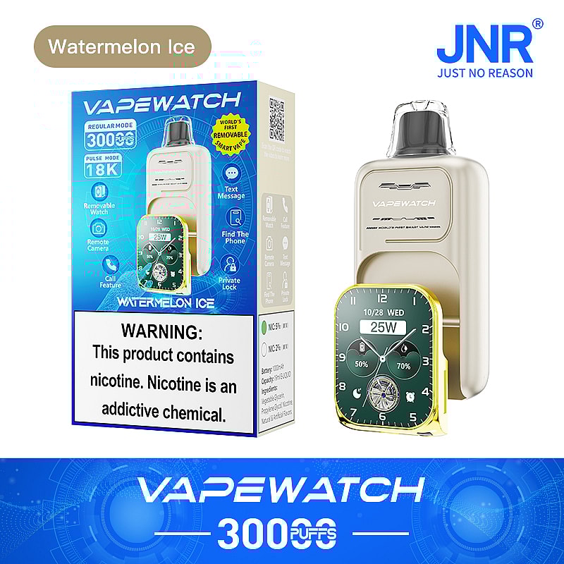 VAPEWATCH 3000 puffar engångsvape med avtagbar smartwatch-funktion, smak märkt "Watermelon Ice", inklusive varningar om nikotininnehåll och ikoner som indikerar funktioner som textmeddelanden, privat lås och fjärrkamera.