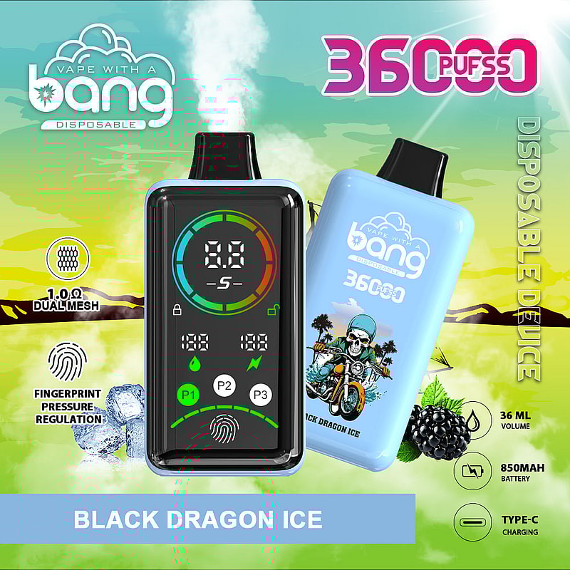 An advertisement for a disposable vape device named "Black Dragon Ice," featuring a display screen showing battery levels and settings. The device has a capacity of 36,000 puffs, a 36 mL volume, and a 850 mAh battery, with USB-C charging. The design includes graphics of blackberries and a skeleton riding a motorcycle.