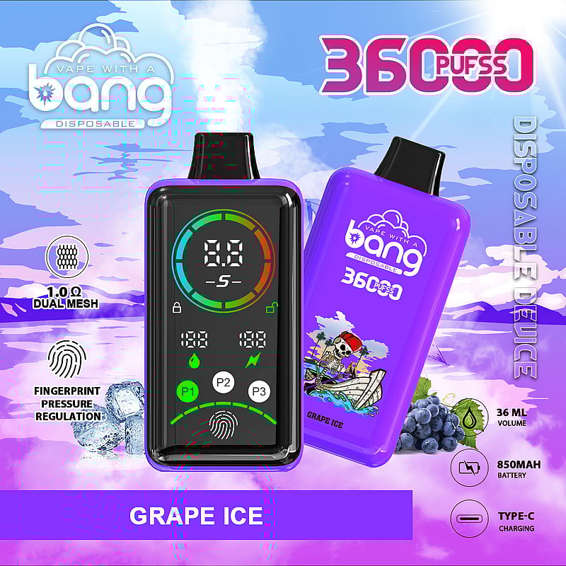A promotional graphic for a disposable vape called "Bang," featuring a black handheld device displaying puff statistics and controls, next to a purple vape pod labeled "Grape Ice." The background includes ice and a colorful landscape with clouds. Key features highlighted include a dual mesh coil, fingerprint activation, and specifications like battery capacity and charging type.