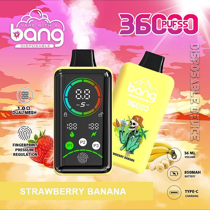 A vibrant advertisement for a disposable vape device showcasing a black and yellow design. The black device features a digital display with indicators and three buttons, while the yellow device is illustrated with a cartoon skeleton wearing a green jacket and a hat. The text highlights the flavor "Strawberry Banana" and features graphics for volume, battery, and charging specifications. Surrounding elements include strawberries and bananas against a colorful sunset background.