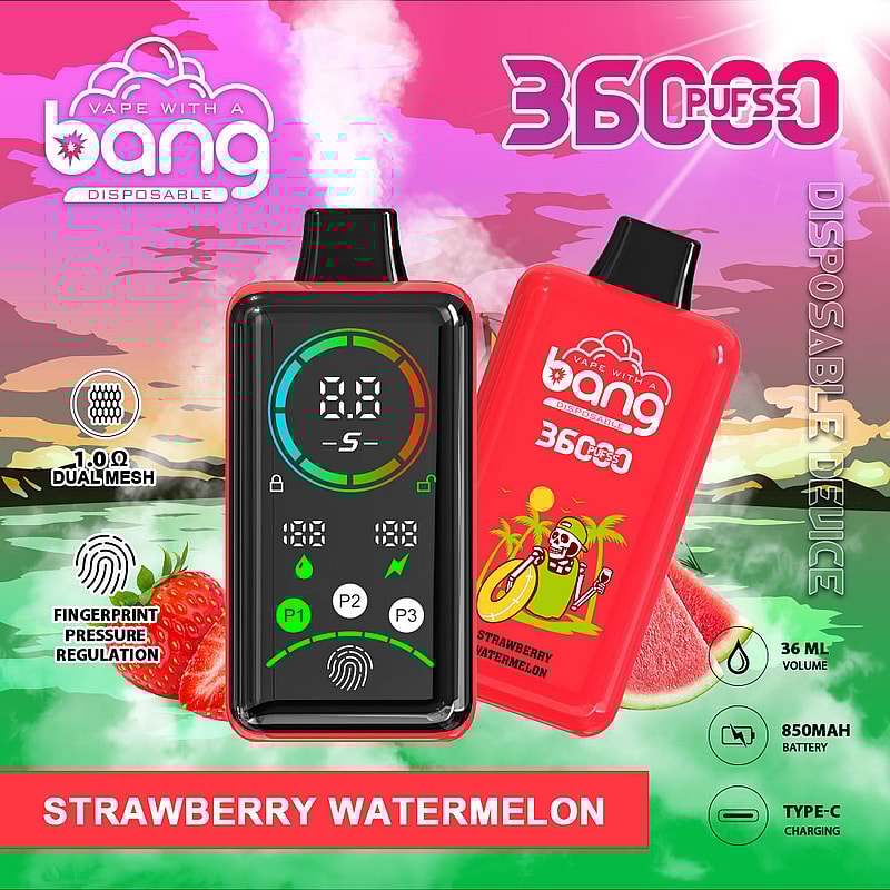 A vibrant promotional image for a disposable vape product called "Bang," featuring a red casing with a strawberry watermelon flavor label. It displays a digital interface showing battery life and puff count, with icons indicating features like dual mesh technology and fingerprint pressure regulation. The background includes stylized graphics of strawberries, watermelons, and a colorful landscape.