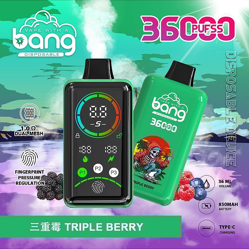 A graphic advertisement featuring a disposable vape device with a digital display on the left and a colorful packaging on the right, labeled "TRIPLE BERRY," set against a cloudy background.