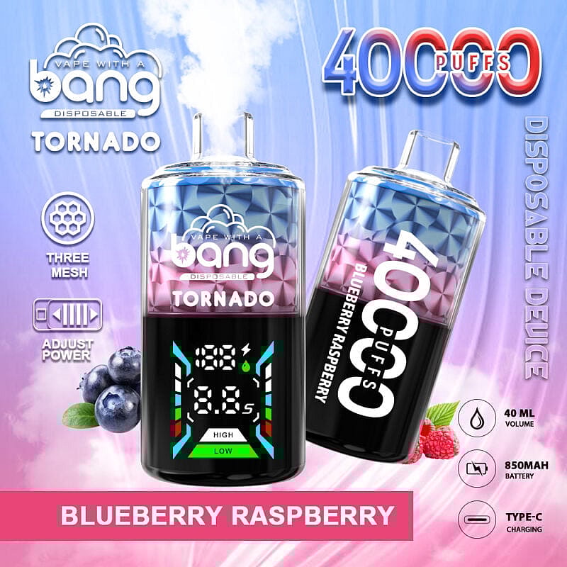 Ein Werbebild eines Einweg-Vaporizers namens „Bang Tornado“ mit farbenfrohem Design und dem Geschmack „Blaubeere Himbeere“. Es verfügt über eine digitale Anzeige, die die Anzahl der Züge und die Leistungseinstellungen anzeigt, umgeben von grafischen Elementen, die Spezifikationen wie Lautstärke, Batteriekapazität und Ladetyp anzeigen.