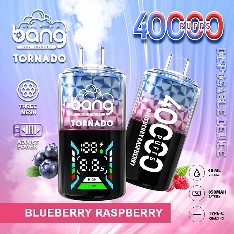 En reklambild av en engångsvapeenhet som heter "Bang Tornado", med en färgstark design med smaken "Blåbärshallon". Den inkluderar en digital display som visar blosstal och effektinställningar, omgiven av grafiska element som indikerar specifikationer som volym, batterikapacitet och laddningstyp.