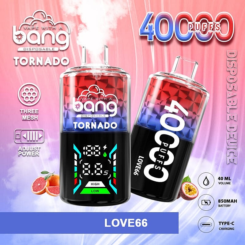 Eine farbenfrohe Grafik eines Vape-Geräts mit der Aufschrift „Bang Tornado“ mit Funktionen wie „40.000 Züge“, „Leistung anpassen“ und „drei Maschen“, mit Bildern von Früchten wie Grapefruit und Passionsfrucht daneben. Das Display zeigt den Batteriestand und die Leistungseinstellungen.