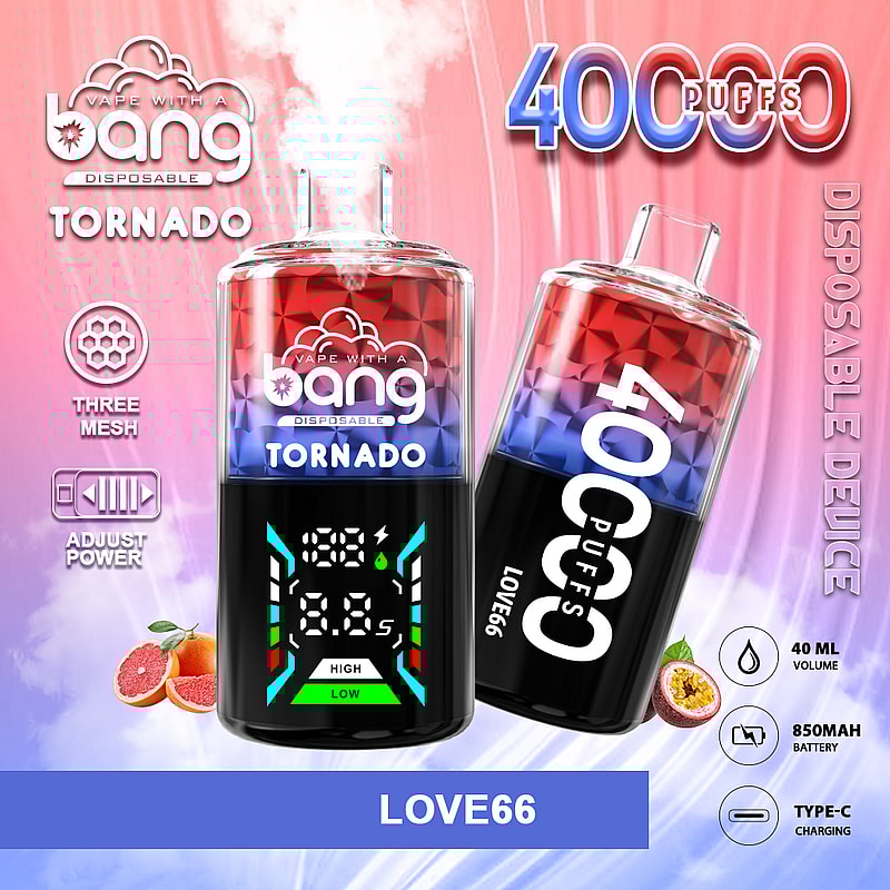 En färgstark grafik av en vape-enhet märkt "Bang Tornado" som visar upp funktioner som "40 000 bloss", "justera kraft" och "tre mesh", med bilder av frukter som grapefrukt och passionsfrukt bredvid. Displayen visar batterinivåer och effektinställningar.