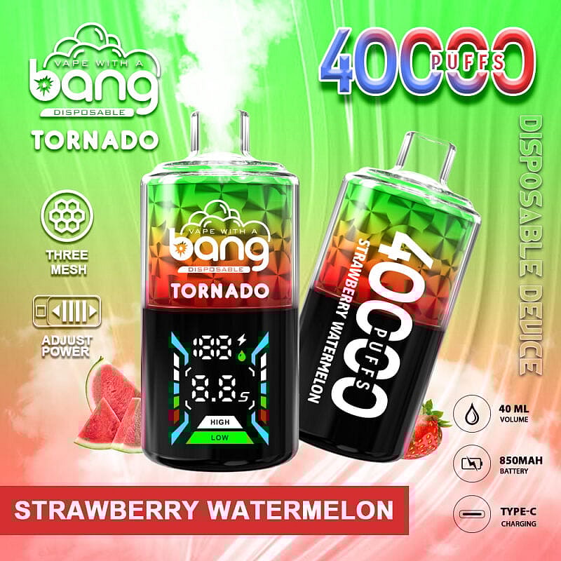 Ein farbenfrohes Vape-Produkt mit der Bezeichnung „Bang Tornado“ und dem Geschmack „Erdbeere-Wassermelone“ mit Spezifikationen wie „40.000 Züge“, „40 ml Volumen“ und „850 mAh-Akku“. Das Design zeigt eine digitale Anzeige mit anpassbaren Leistungseinstellungen und grafische Elemente von Erdbeeren und Wassermelonen im Hintergrund.